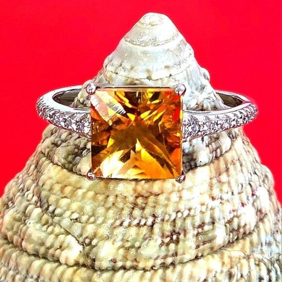 925 Sterling Silver Ring Sz 7 with Natural Princess Cut Citrine Gemstone - Picture 1 of 11